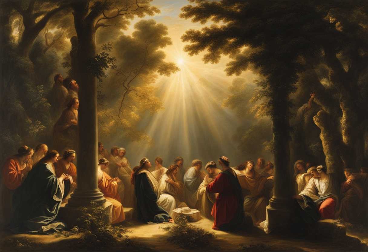 Sunlight-filters-through-trees-as-individuals-pray-radiating-peace-and-unity-in-faith_uuxd