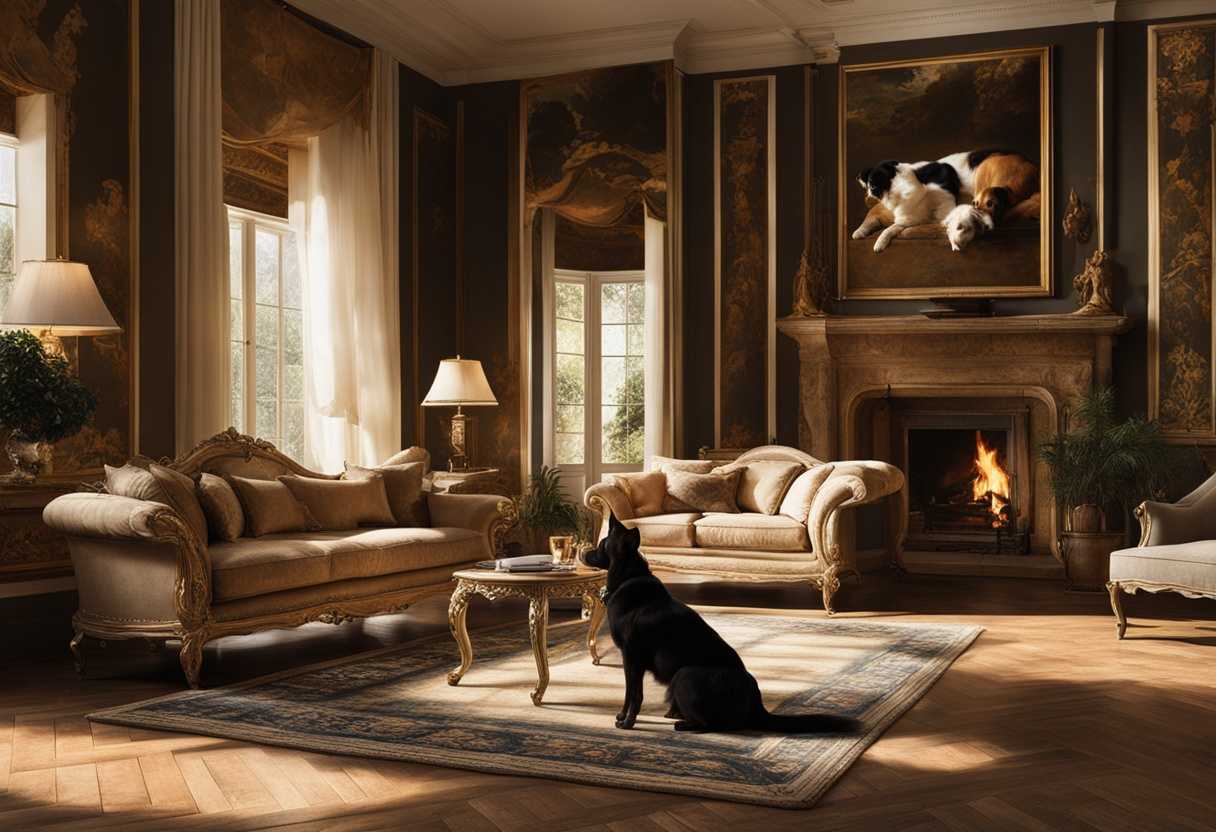 A-sunlit-room-with-pets-lounging-on-a-plush-rug-radiating-warmth-and-tranquility_rgyi