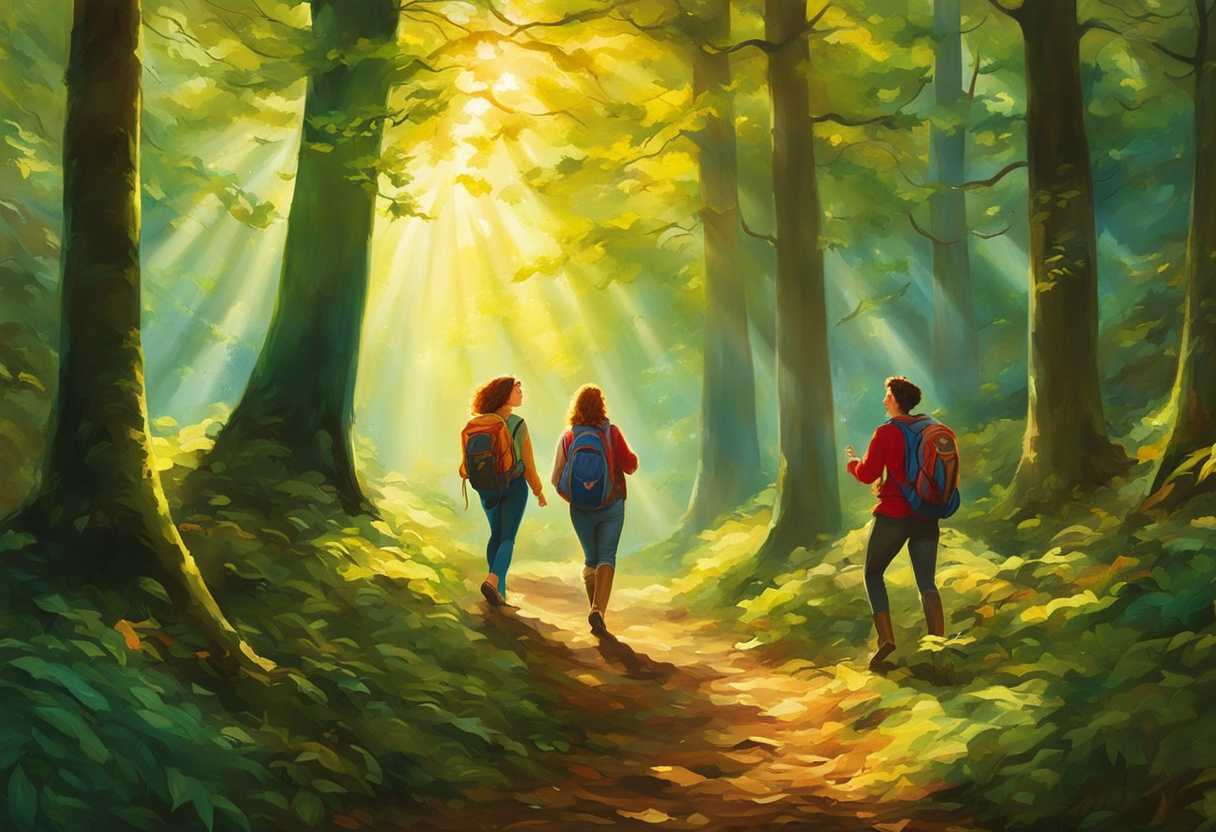 Friends-joyfully-explore-a-vibrant-forest-sunlight-filtering-through-leaves-discovering-nature's-w_dezu