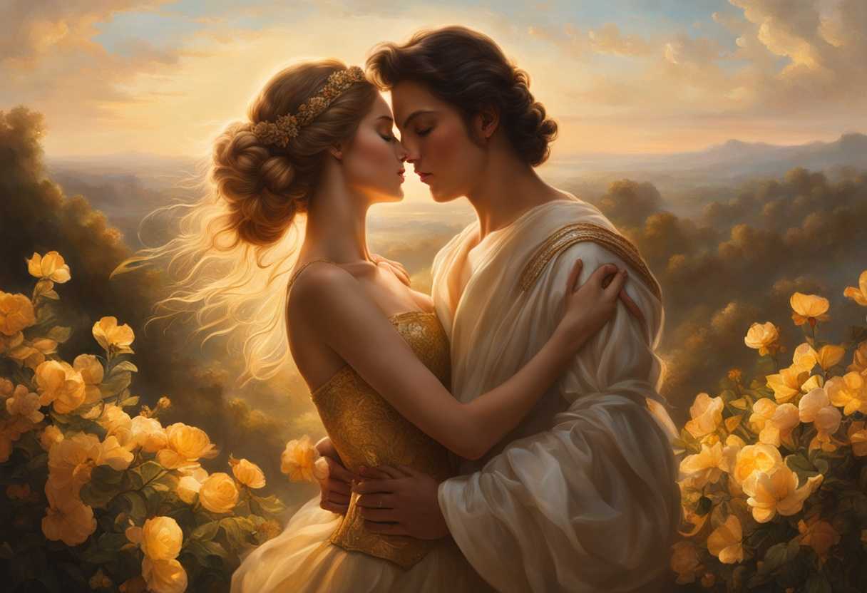 A-couple-embraces-in-golden-light-surrounded-by-blooming-flowers-radiating-timeless-love_ygxn