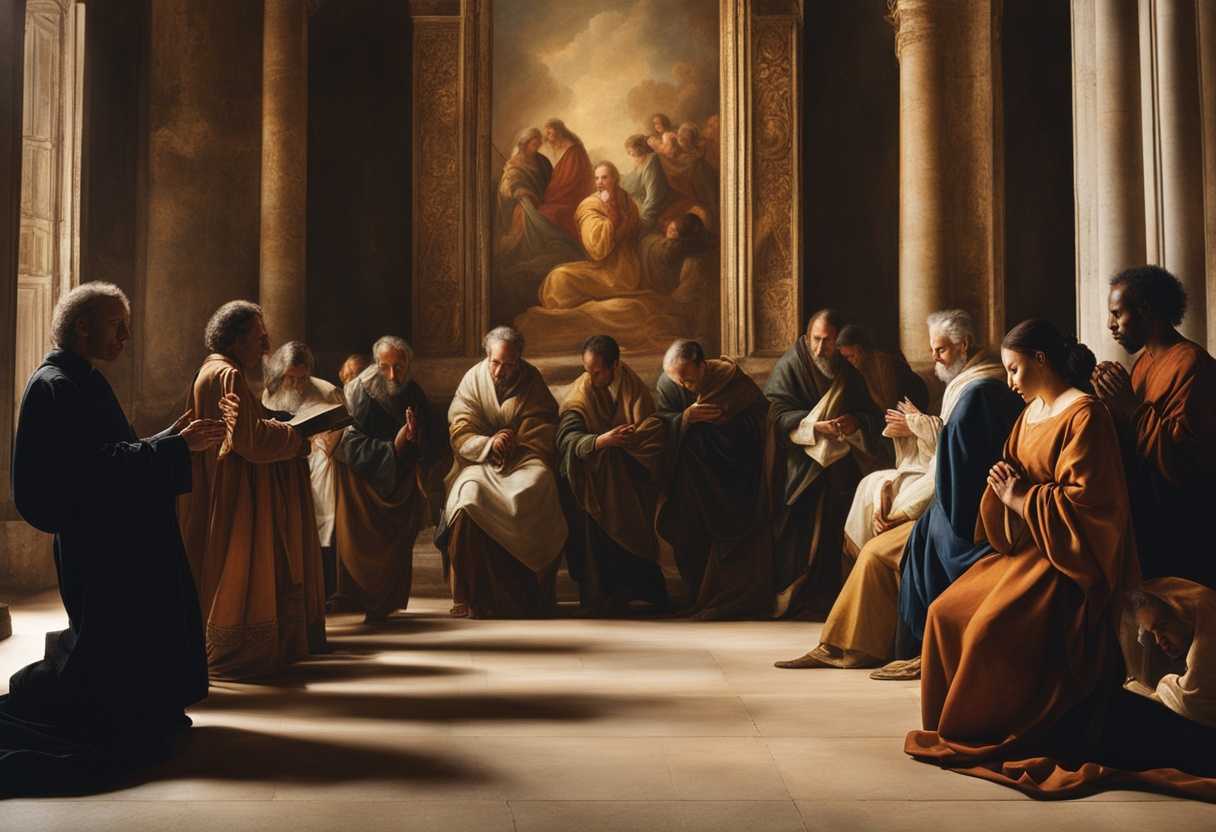 A-diverse-group-prays-together-serene-expressions-illuminated-by-soft-filtering-light_lcya