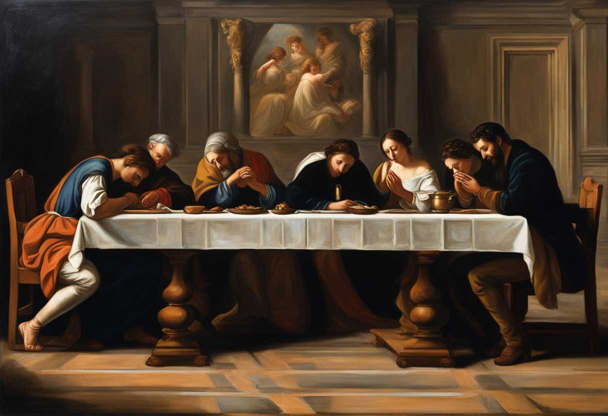 Family-gathered-around-table-heads-bowed-in-prayer-clasped-hands-peaceful-intimate-spiritual-mo_nnpz