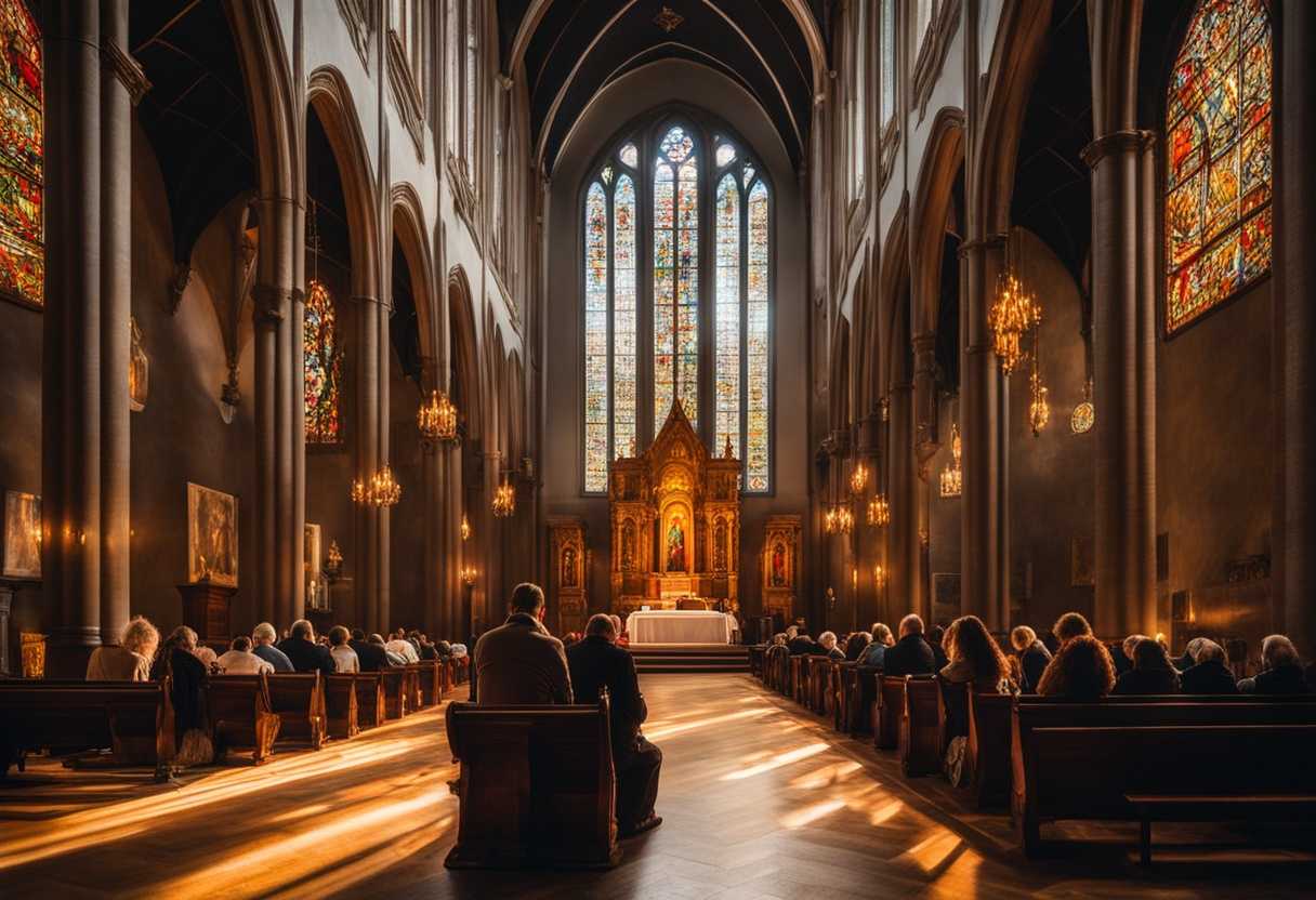 People-in-a-church-heads-bowed-in-prayer-surrounded-by-stained-glass-windows-and-a-warm-glow_gjfy