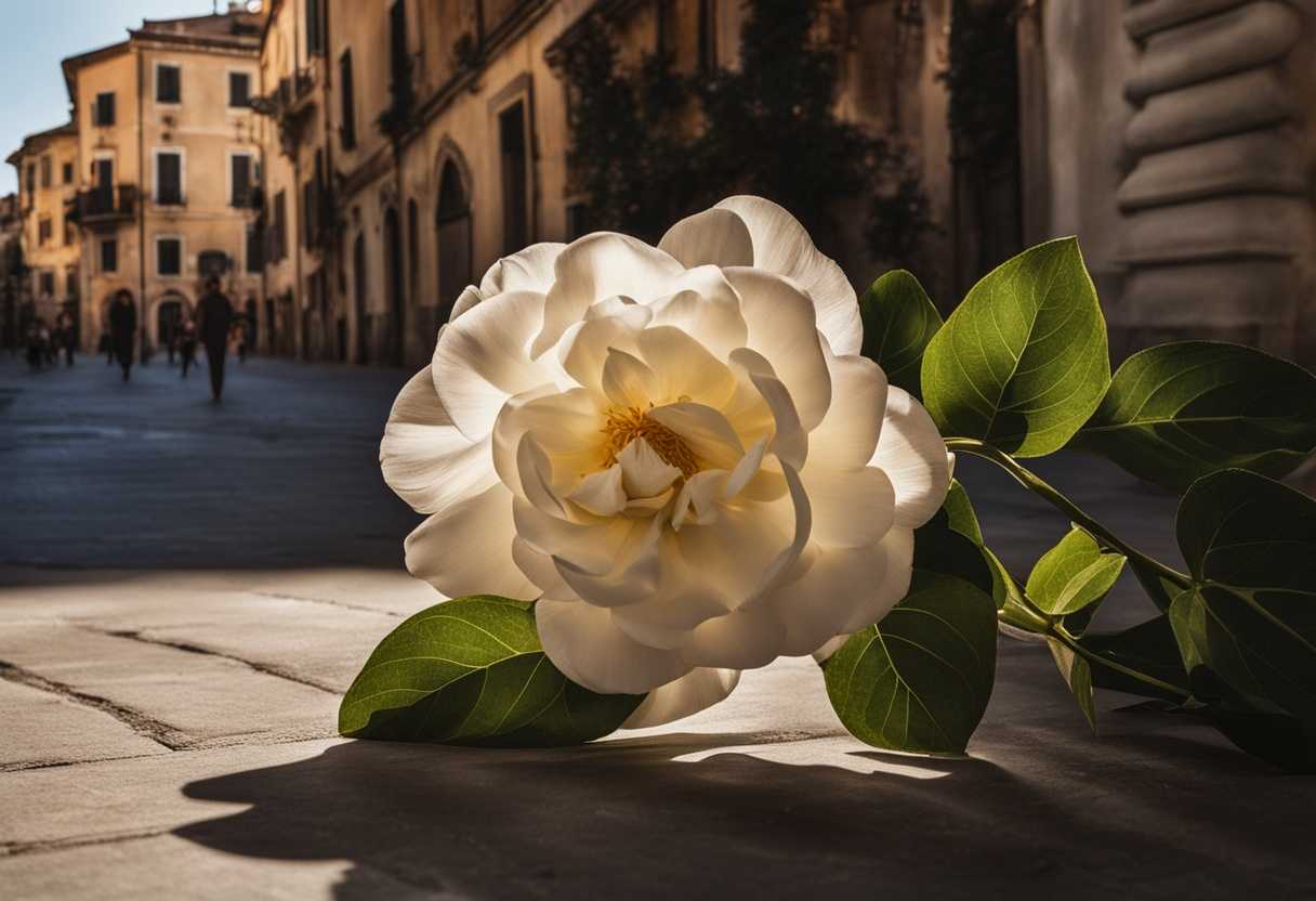 A-single-flower-blooms-in-a-chaotic-city-street-sunlight-illuminating-its-serene-beauty_symn