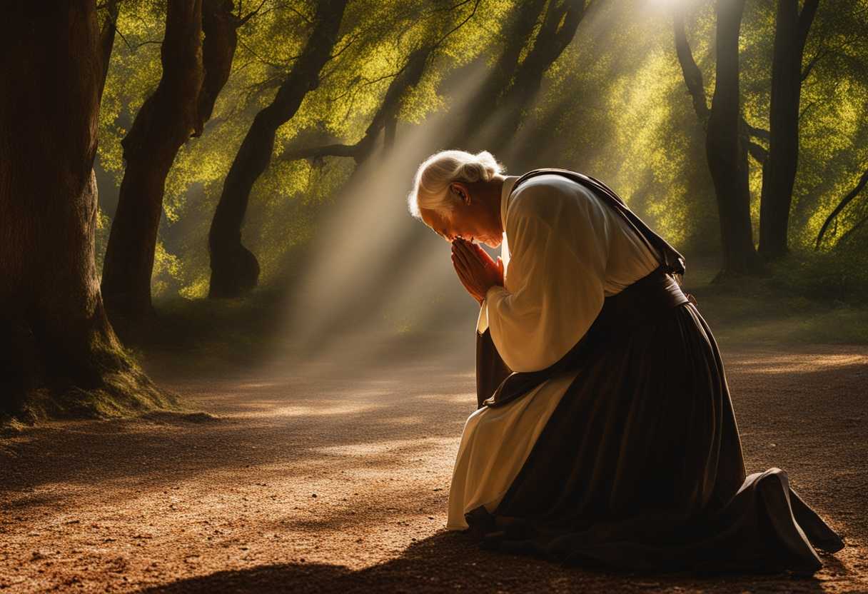 A-person-kneels-in-prayer-sunlight-filtering-through-trees-embodying-serene-faith-and-hope_ljbp