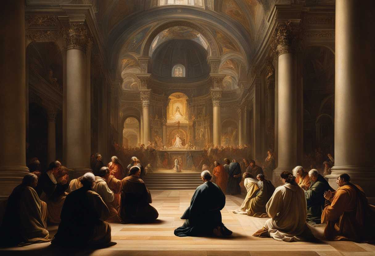 Kneeling-in-prayer-individuals-seek-divine-guidance-in-a-softly-lit-ancient-church_siqu