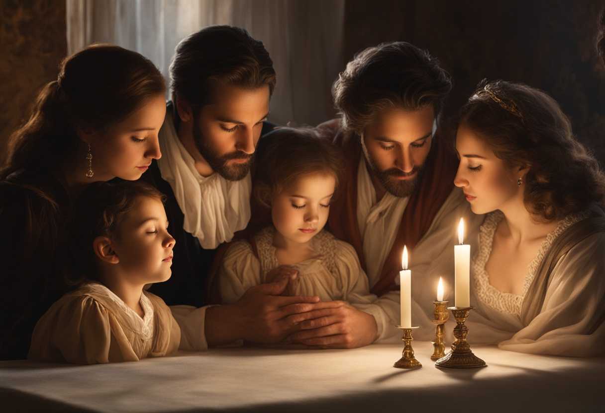 Family-gathers-around-a-table-bathed-in-soft-light-sharing-a-heartfelt-moment-of-prayer_xmpm