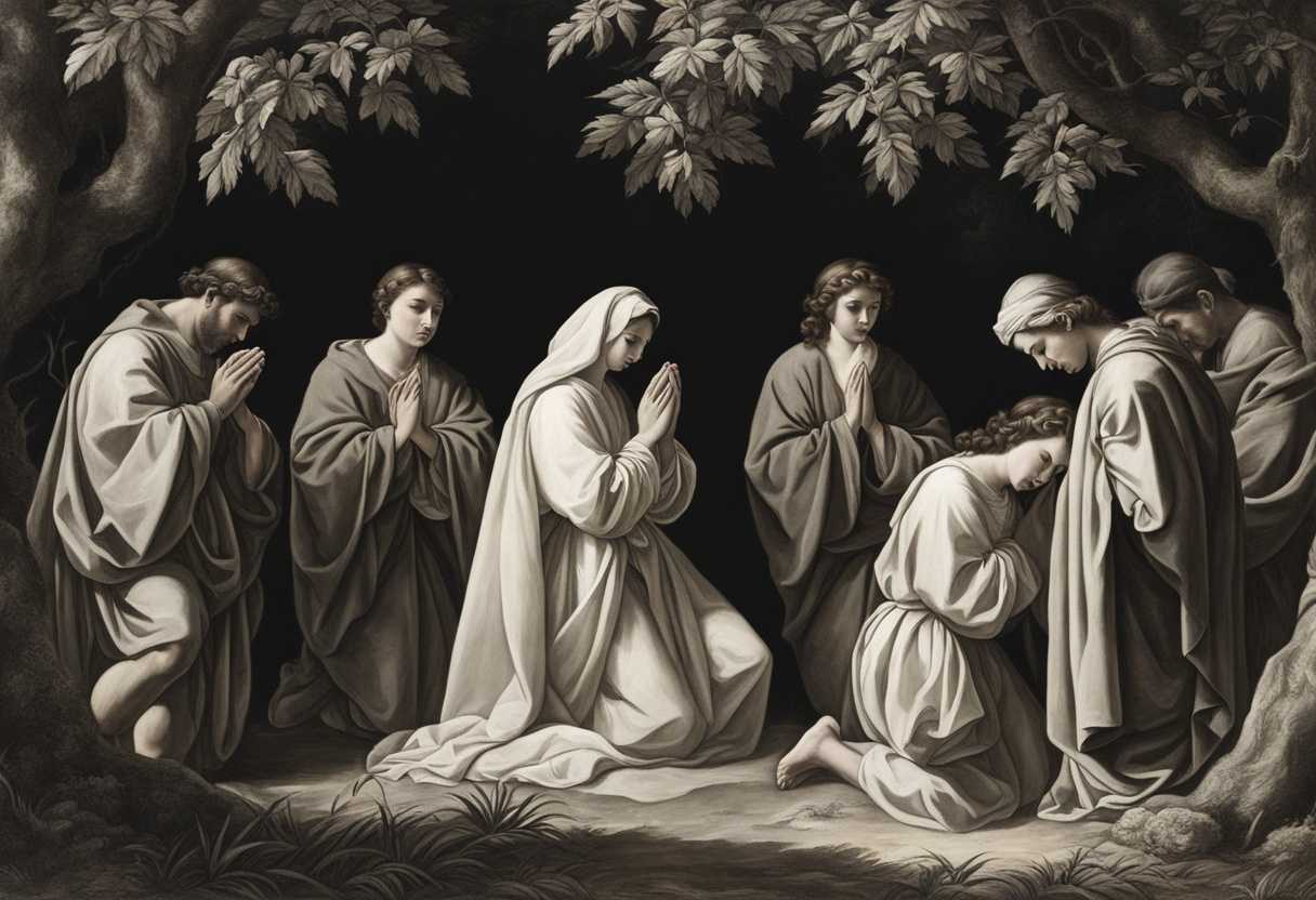 People-praying-together-in-a-serene-forest-heads-bowed-hands-clasped-exuding-calm-and-unity_umhl
