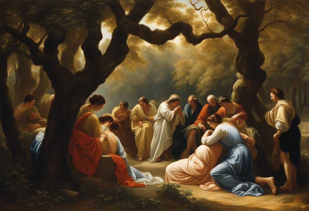 A-serene-gathering-in-nature-hands-clasped-heads-bowed-sunlight-filtering-through-trees_uerz