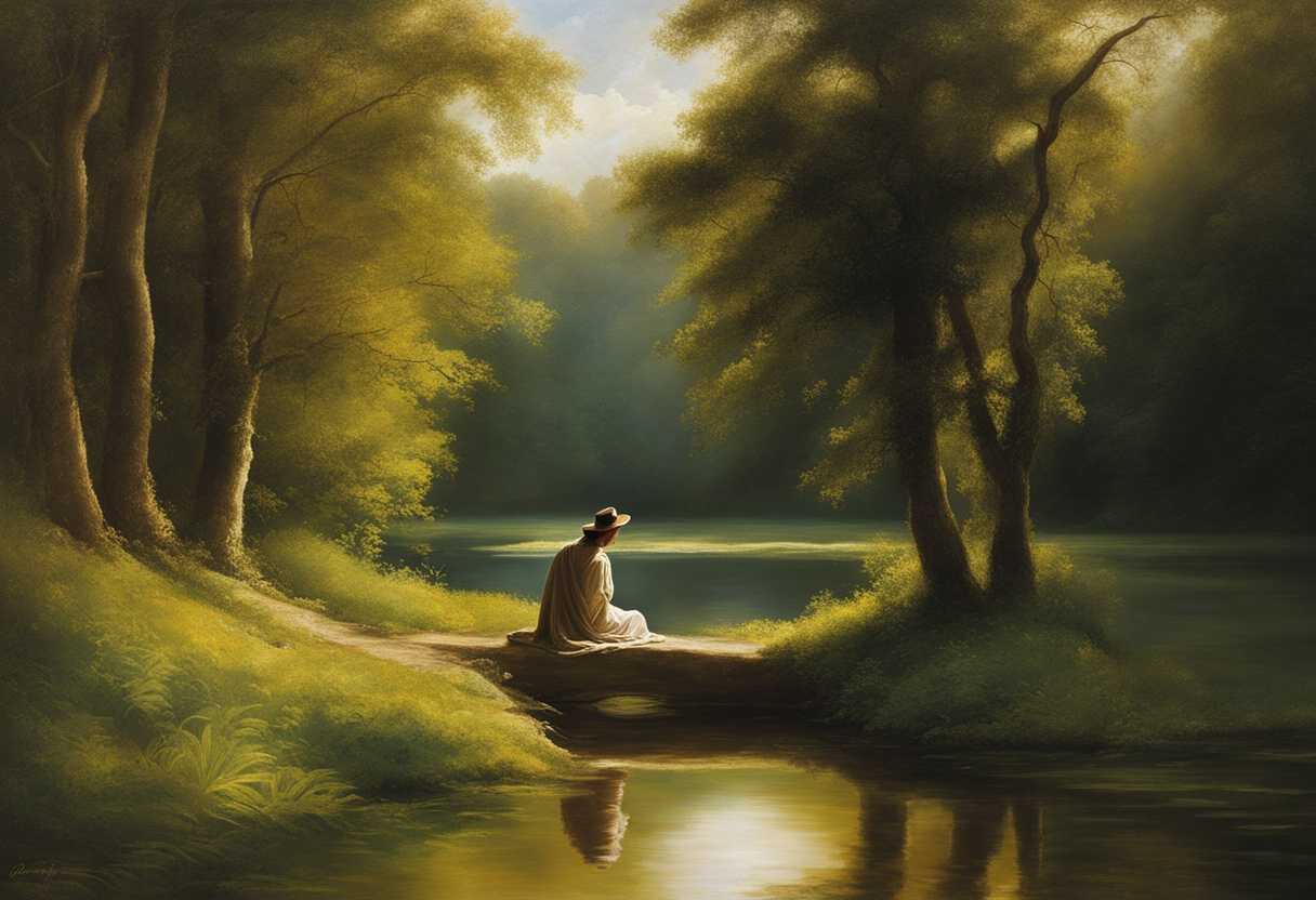 A-solitary-figure-reflecting-amidst-tranquil-nature-surrounded-by-lush-greenery-and-soft-sunlight_vnwk