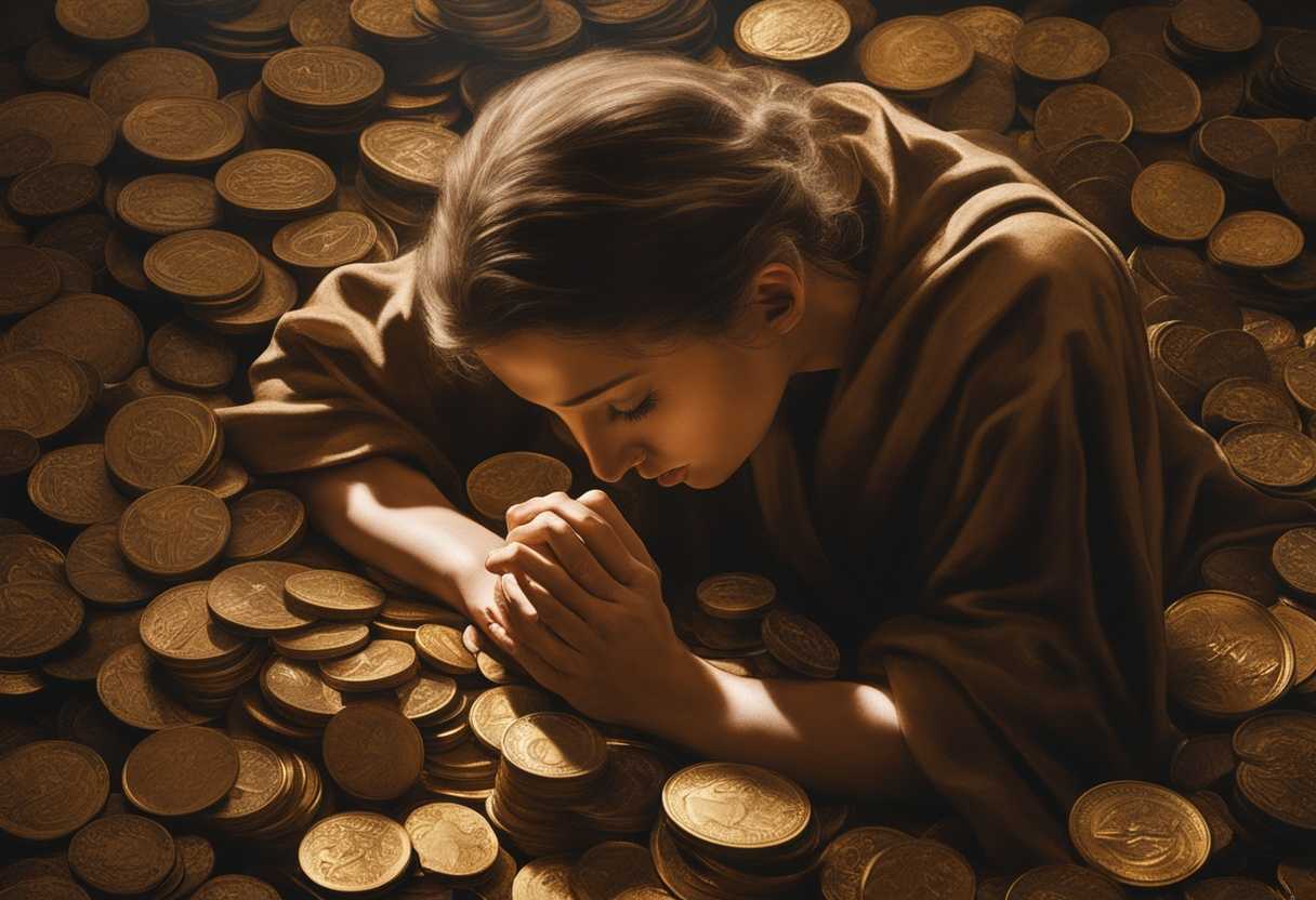 A-person-prays-in-soft-light-surrounded-by-glinting-coins-embodying-hope-and-resilience_orxi