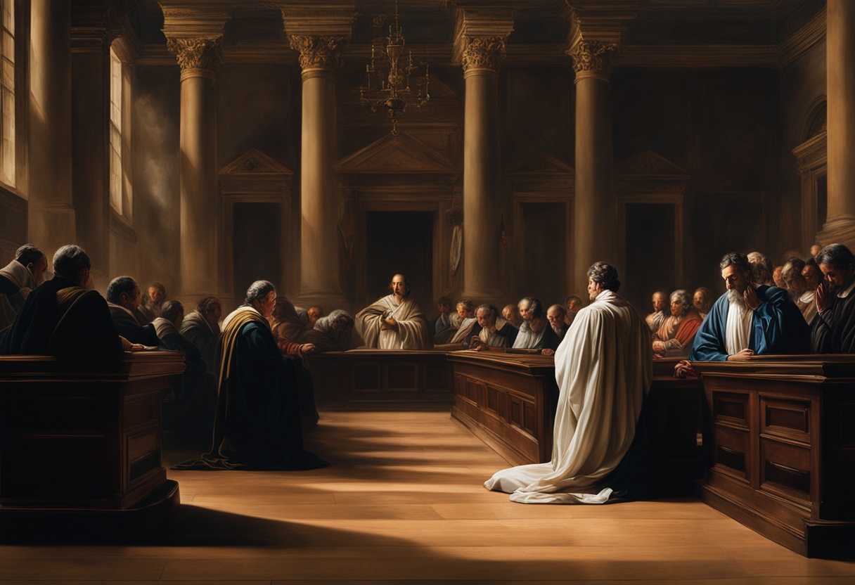 A-solemn-courtroom-scene-with-individuals-praying-heads-bowed-soft-light-illuminating-ornate-decor_pspc