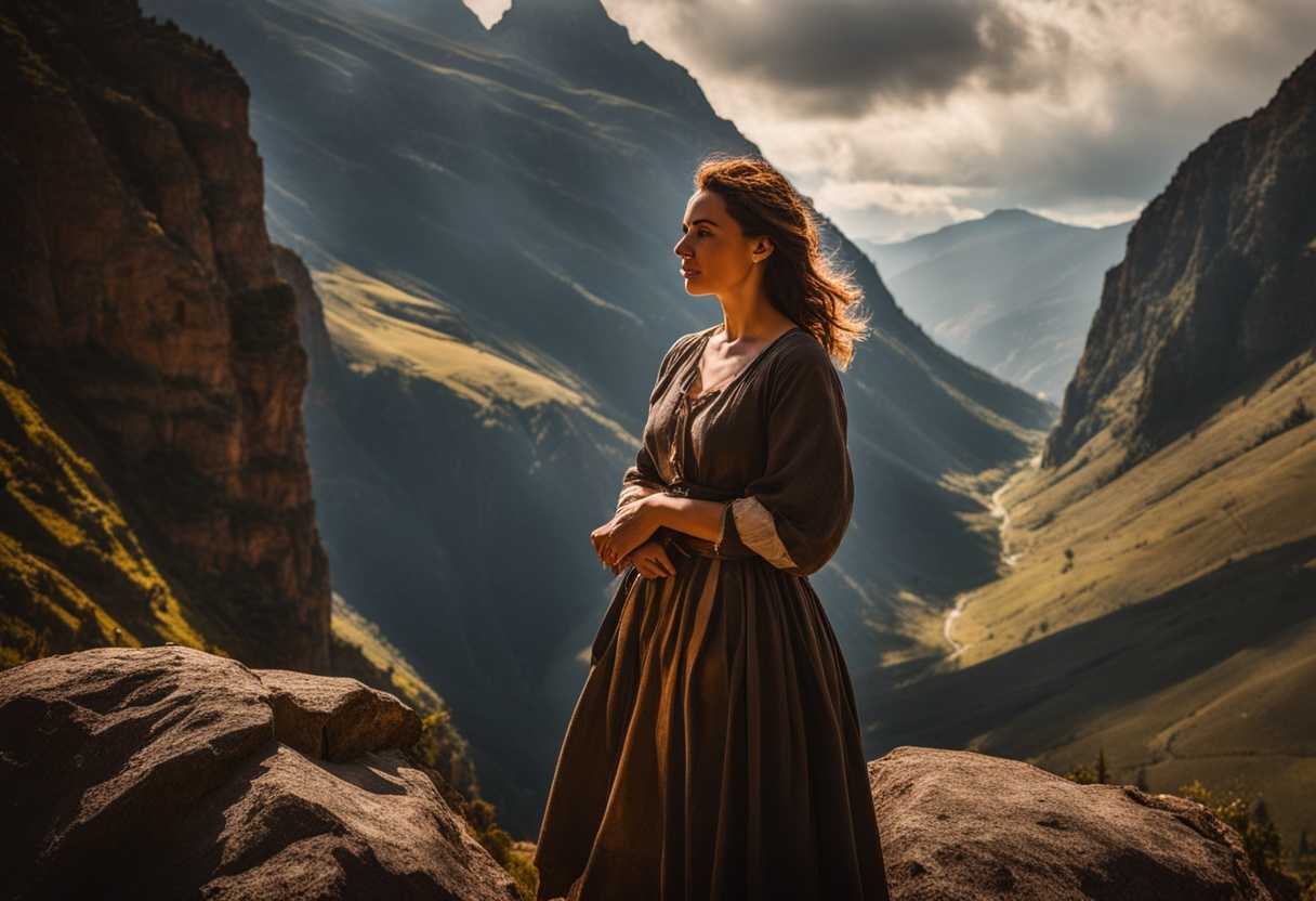 A-determined-woman-stands-against-rugged-mountains-sunlight-breaking-through-clouds-embodying-resi_xech
