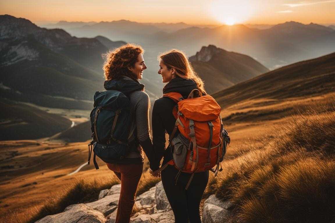 two-friends-hiking-in-the-mountains-sun-setting-behind-them-warm-glow-rocky-outcrop-arms-around-