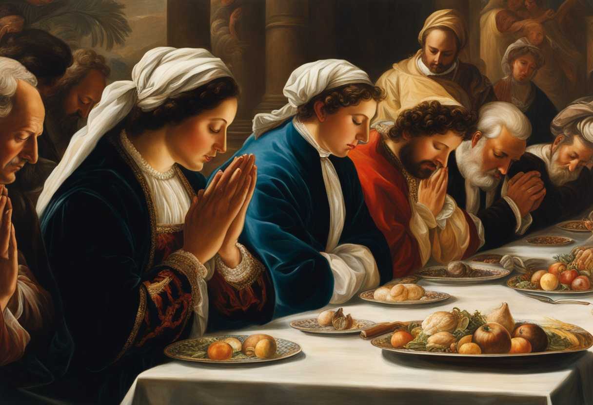 A-diverse-group-of-individuals-bow-their-heads-in-prayer-before-a-meal-united-in-gratitude_noqr