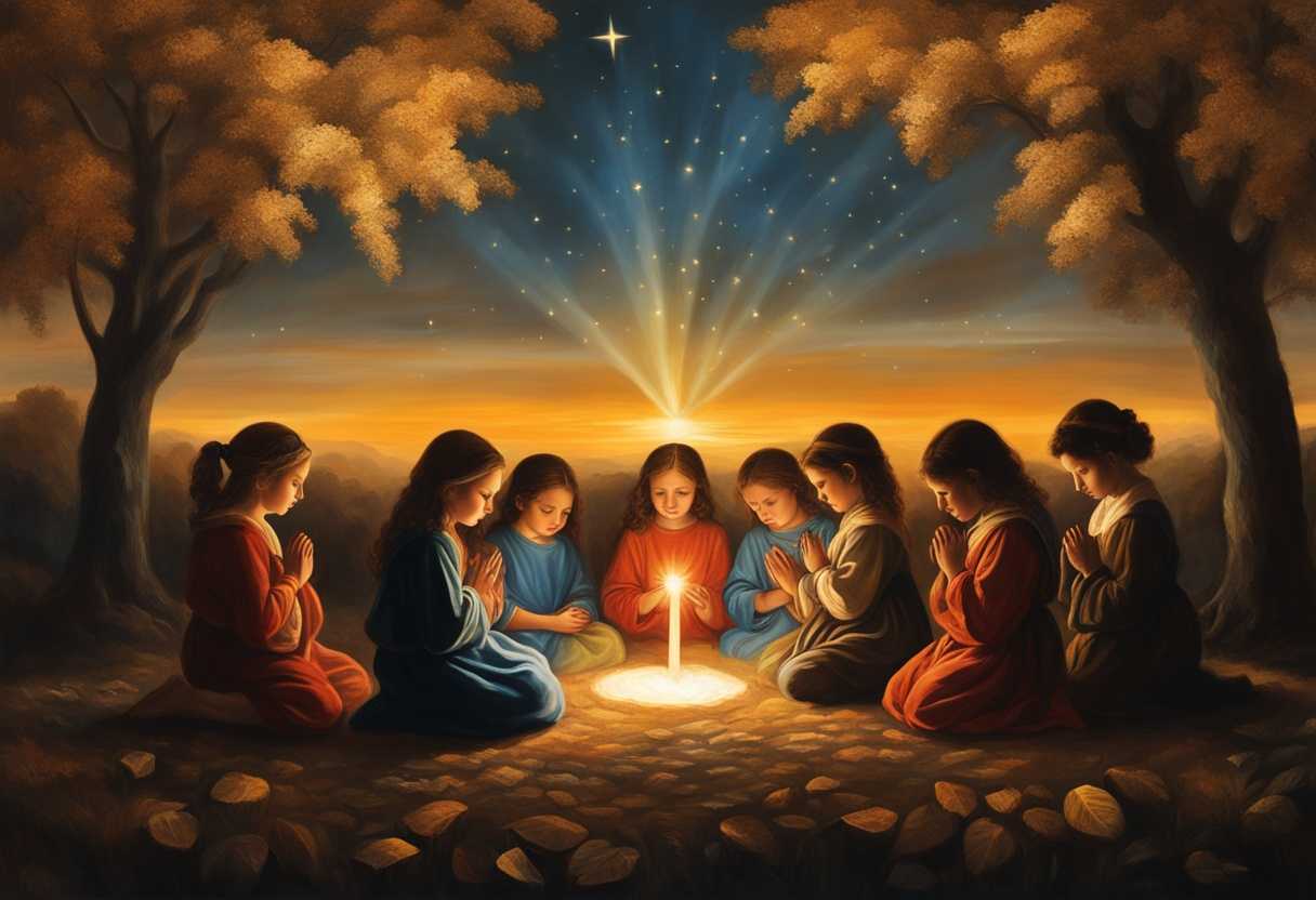 Children-in-prayer-circle-under-glowing-trees-embodying-faith-resilience-vulnerability-and-stren_yrie