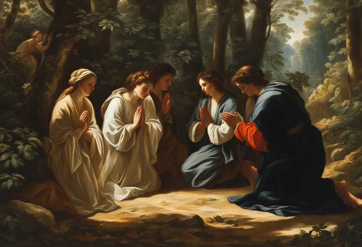 People-praying-in-a-sunlit-forest-hands-clasped-in-unity-expressing-devotion-and-faith_ymze