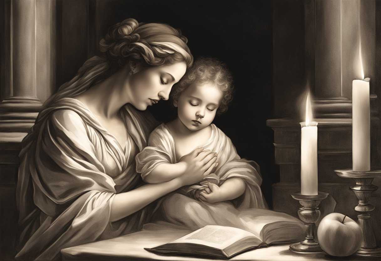 A-mother-and-child-pray-together-candlelight-flickering-embodying-love-and-faith_brmw