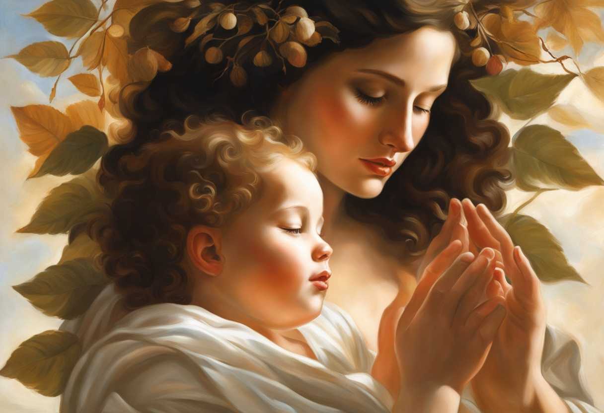 A-mother-and-child-pray-together-under-sunlit-leaves-radiating-love-and-tranquility_agfy
