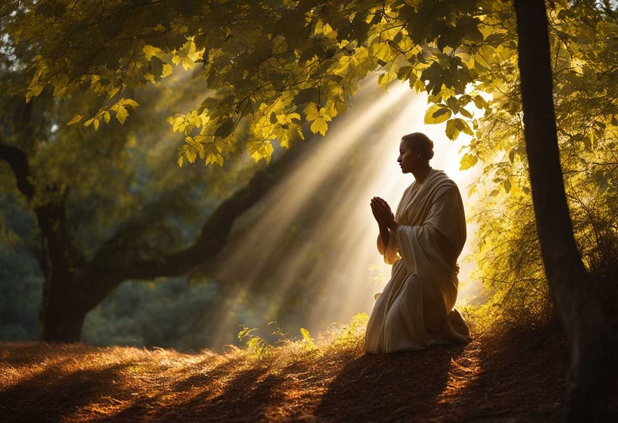 A-serene-figure-prays-in-nature-sunlight-filtering-through-leaves-embodying-peace-and-reflection_zbqe