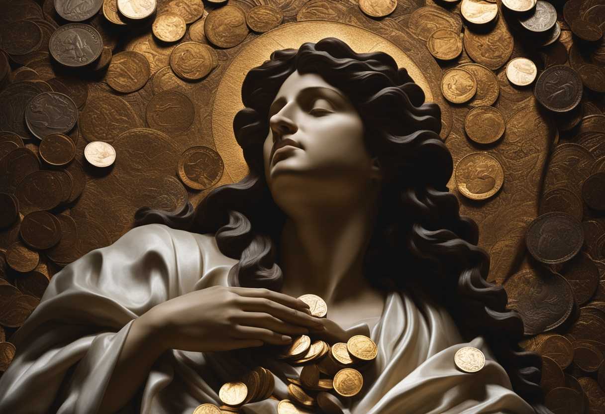A-serene-figure-in-prayer-illuminated-by-soft-light-surrounded-by-scattered-coins_napr