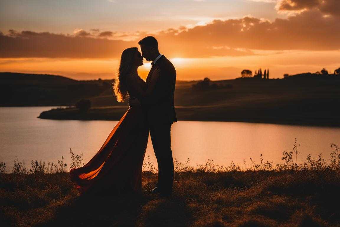 couple-standing-close-silhouetted-against-vibrant-sunset-arms-wrapped-around-each-other-intimate-