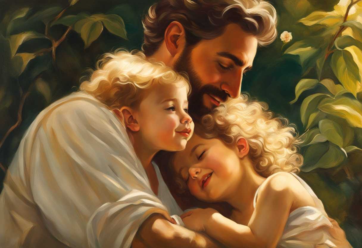 Father-and-child-embrace-in-warm-sunlight-surrounded-by-lush-greenery-sharing-genuine-smiles_slvp