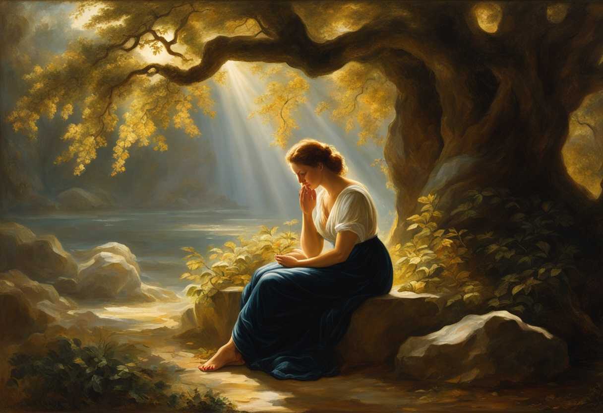 A-woman-prays-sunlight-filters-through-trees-her-husband-nearby-love-and-tranquility-enveloping-t_myyx