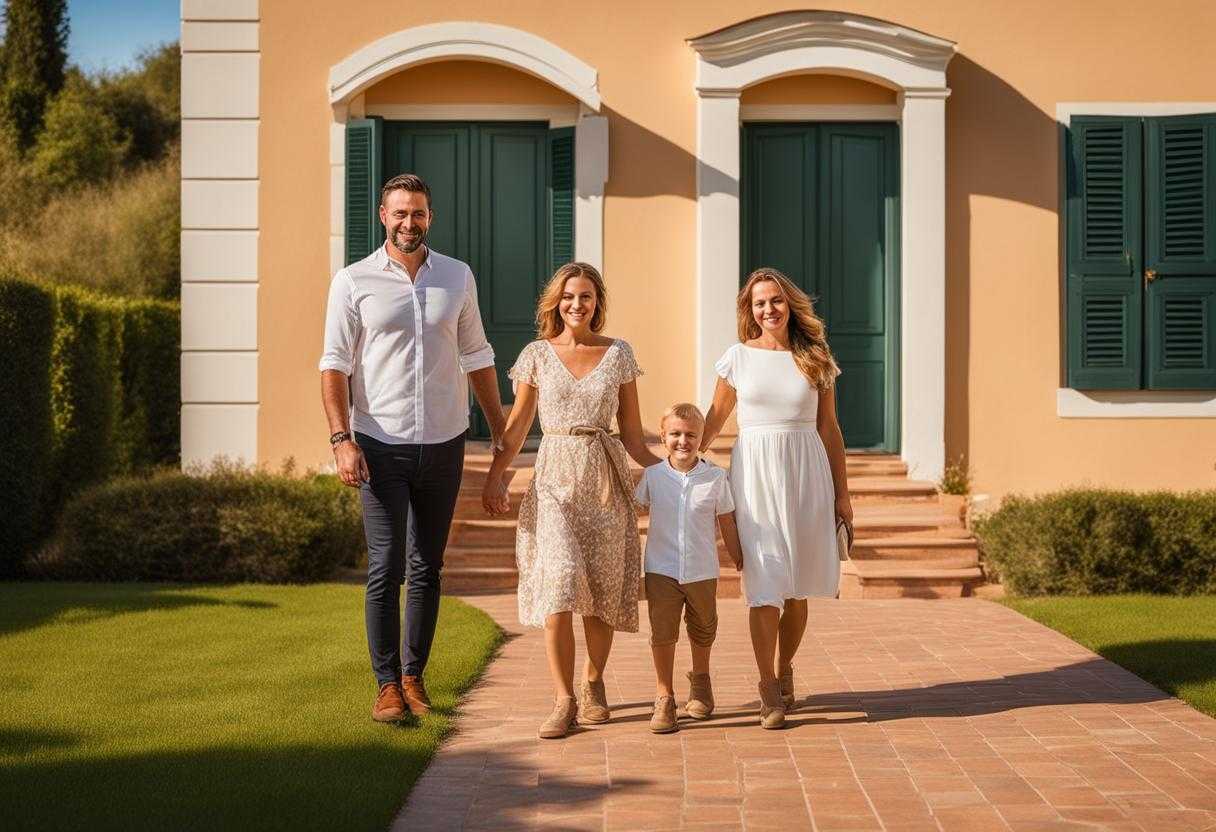 family-standing-in-front-of-their-new-home-warm-sunlight-serenity-hope-faith-love-fresh-start_nfsd