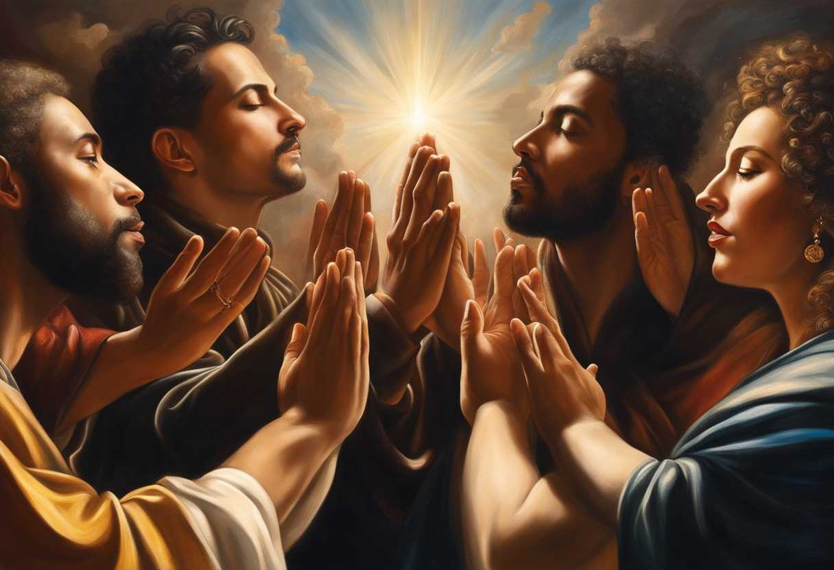 Diverse-group-united-in-prayer-hands-raised-to-sky-faces-illuminated-by-light_bdtw