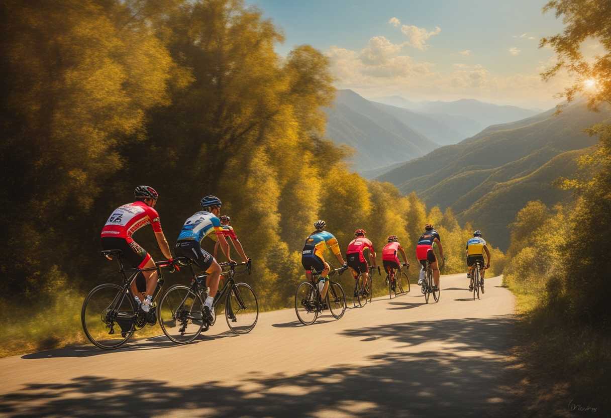 Cyclists-in-vibrant-jerseys-pedaling-together-on-a-sunlit-road-mountains-ahead_xdwo