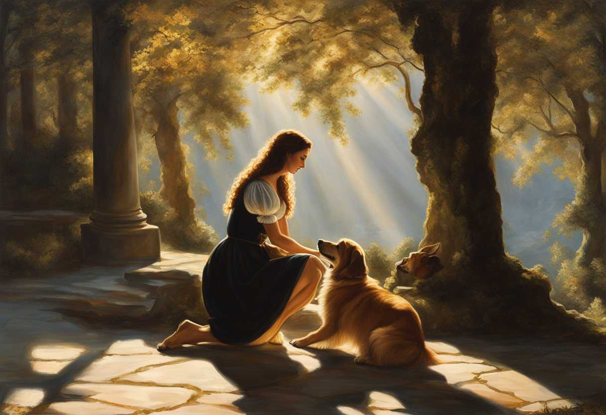 Kneeling-beside-a-beloved-pet-sunlight-filters-through-trees-capturing-love-and-loss_dktv