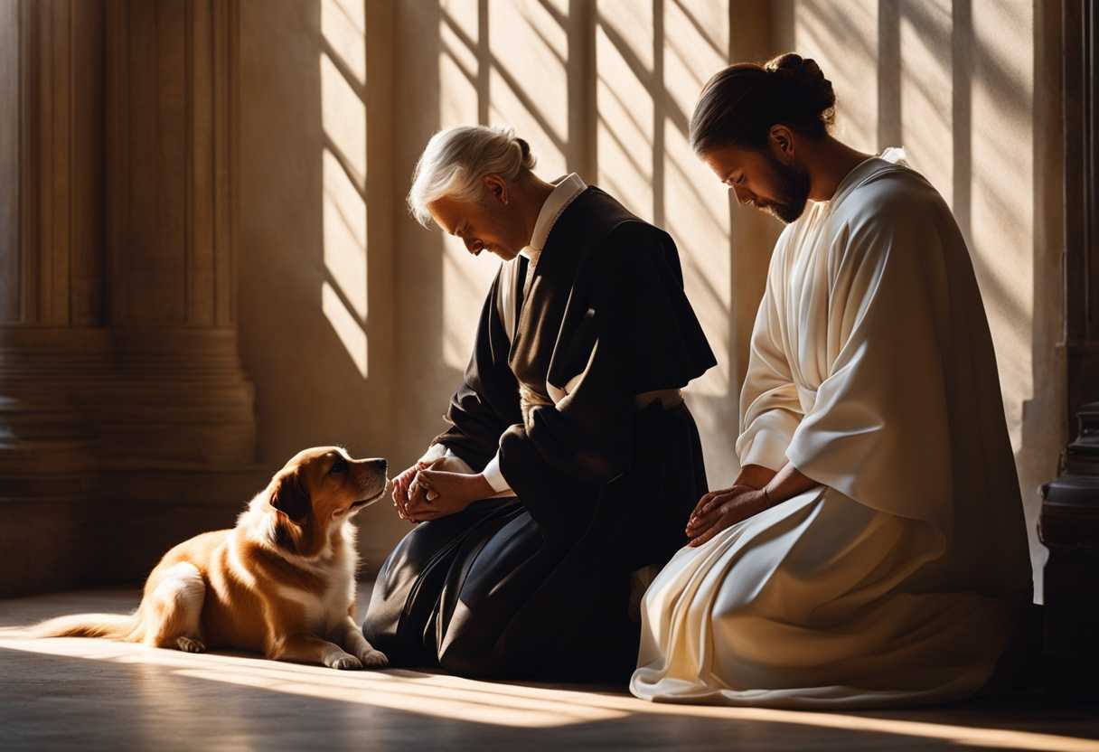 Owners-kneel-in-prayer-soft-sunlight-illuminating-serene-pets-nestled-close-peaceful-moment_bpbi