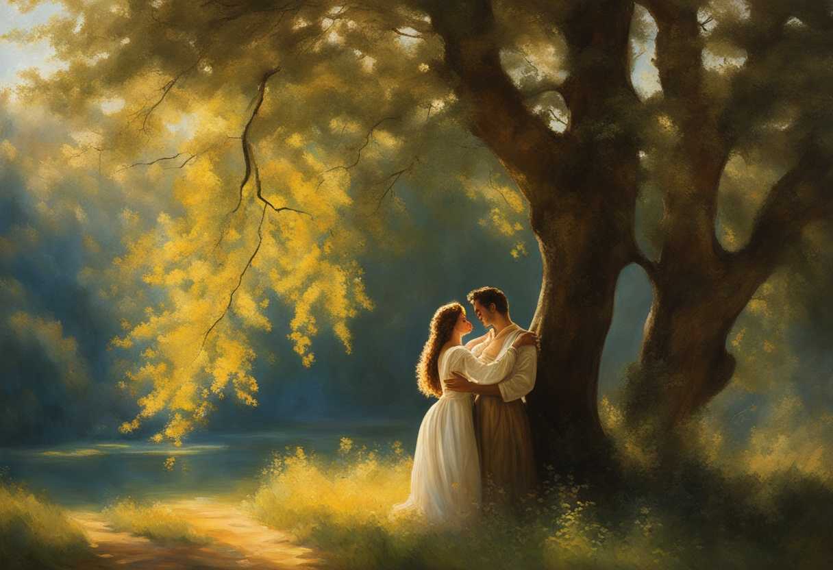 Two-individuals-embrace-under-sunlit-trees-radiating-love-and-serenity-in-nature's-embrace_hdxz