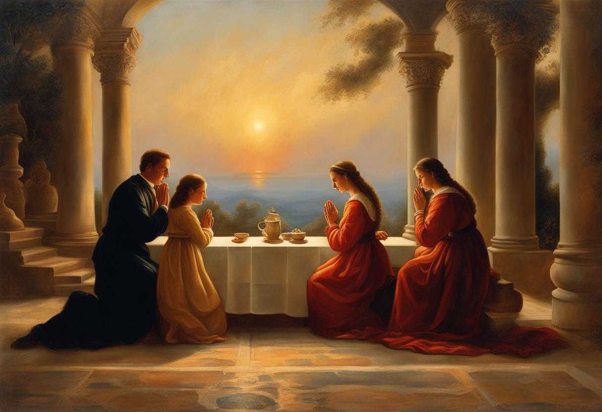 family-praying-together-warm-glow-of-setting-sun-heads-bowed-in-prayer-clasped-hands-closed-eyes
