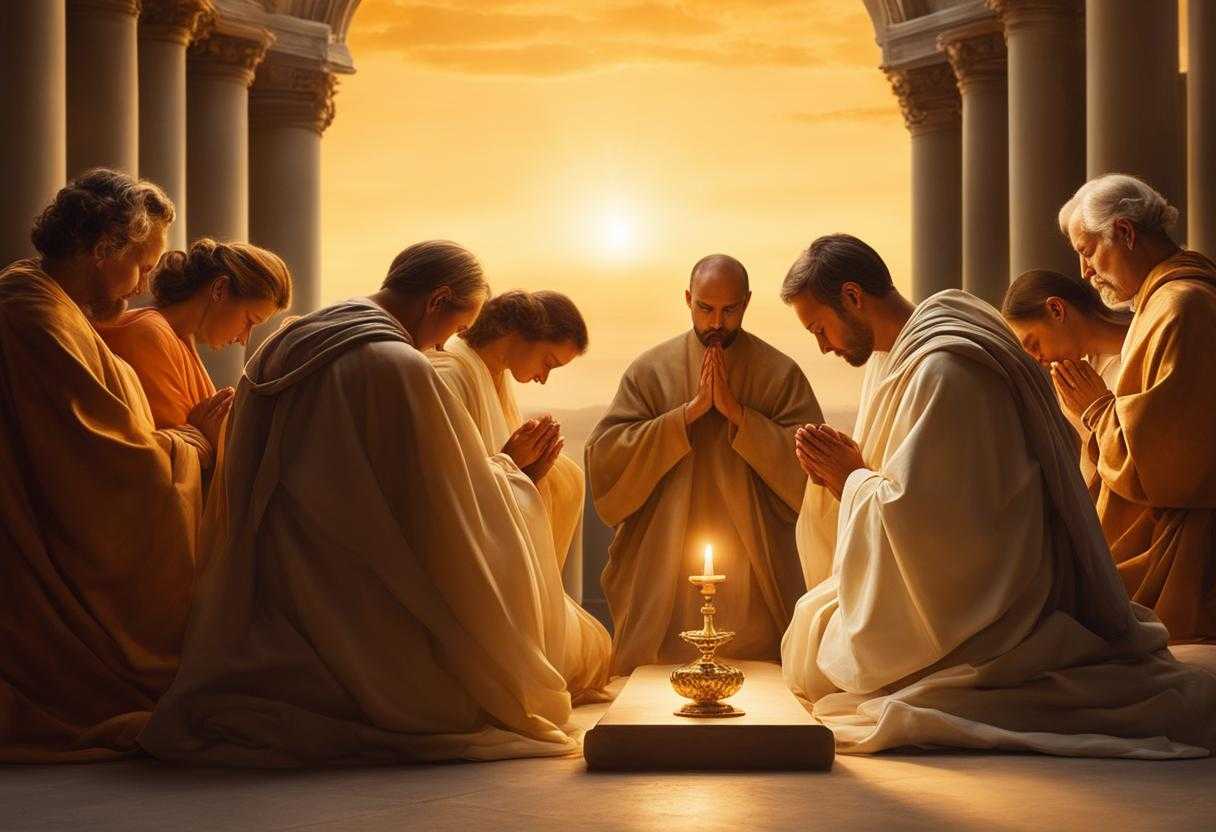 group-of-people-praying-warm-glow-of-setting-sun-soft-golden-light-serene-atmosphere-heads-bowed