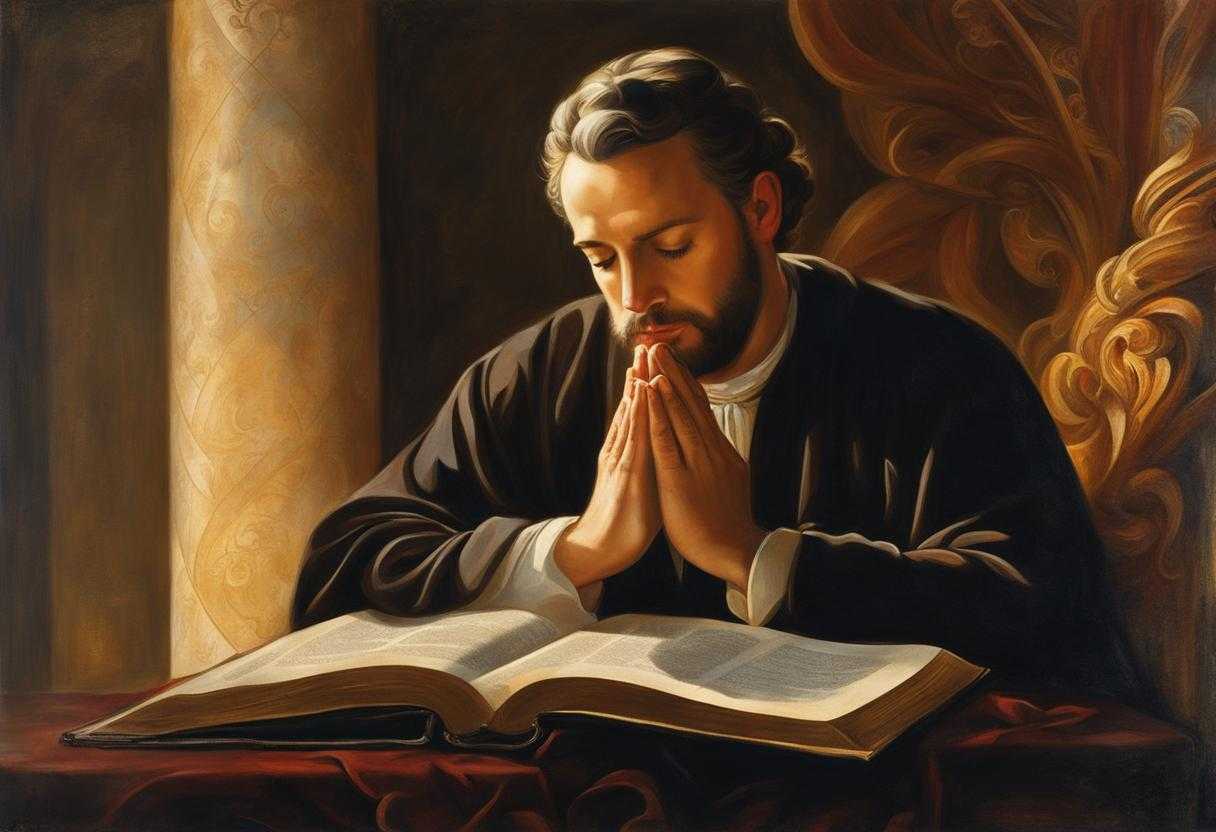 person-praying-Bible-deep-contemplation-eyes-closed-hands-clasped-in-prayer-illuminated-pages-