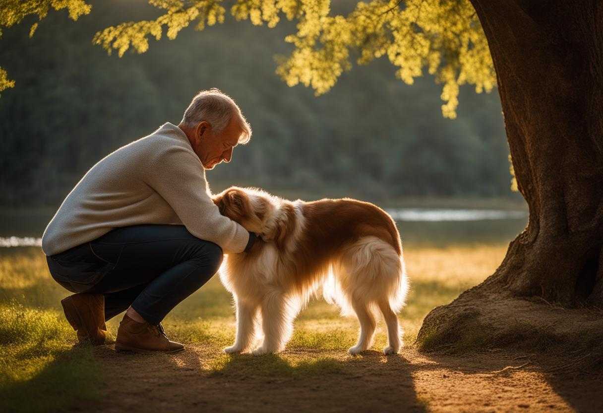 person-and-their-beloved-dog-kneeling-head-bowed-in-prayer-soft-light-filters-through-the-trees-