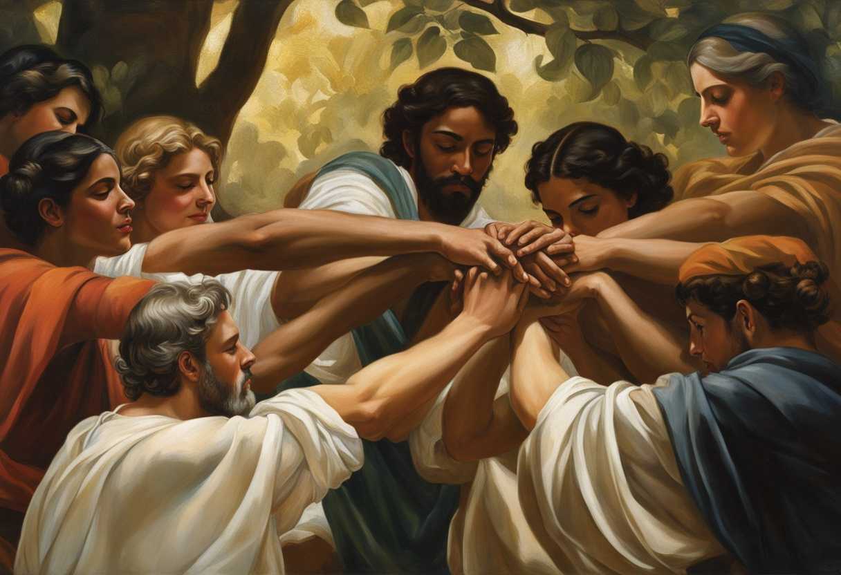 A-diverse-group-hands-clasped-united-in-purpose-under-sunlit-trees-radiating-camaraderie_zqbl