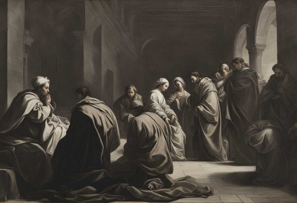 A-dimly-lit-room-individuals-in-prayer-clasped-hands-solemn-faces-and-soft-whispers_kott