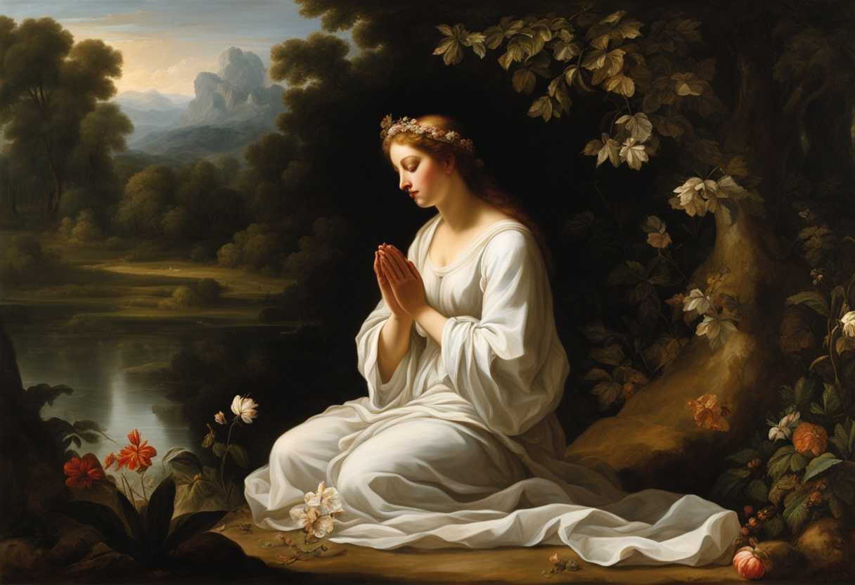 A-serene-figure-in-prayer-surrounded-by-nature-radiates-tranquility-and-vulnerability_vdwc