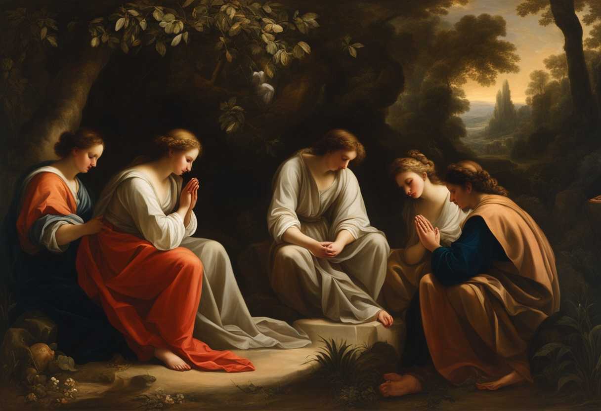 A-serene-gathering-in-nature-individuals-praying-hands-clasped-surrounded-by-soft-light-and-tranq_zfnb