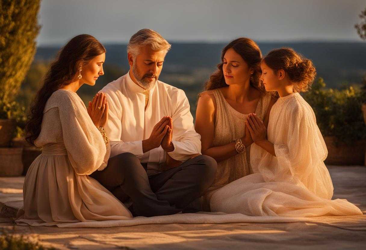 family-praying-together-outdoor-setting-warm-glow-of-the-setting-sun-golden-light-on-their-faces-