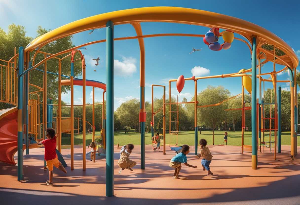 Diverse-children-play-joyfully-in-a-vibrant-playground-under-a-bright-blue-sky_cosc