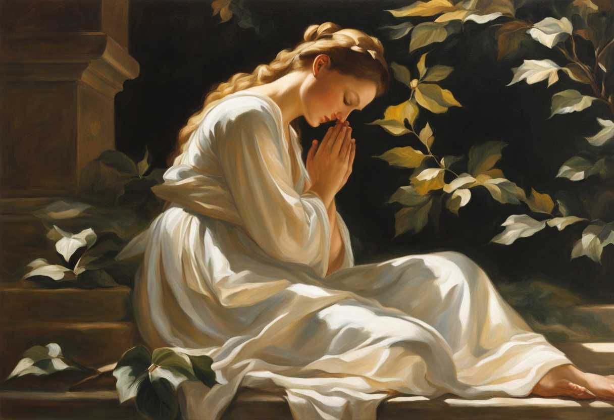 A-serene-figure-in-prayer-sunlight-filtering-through-leaves-evoking-tranquility-and-reflection_atbh