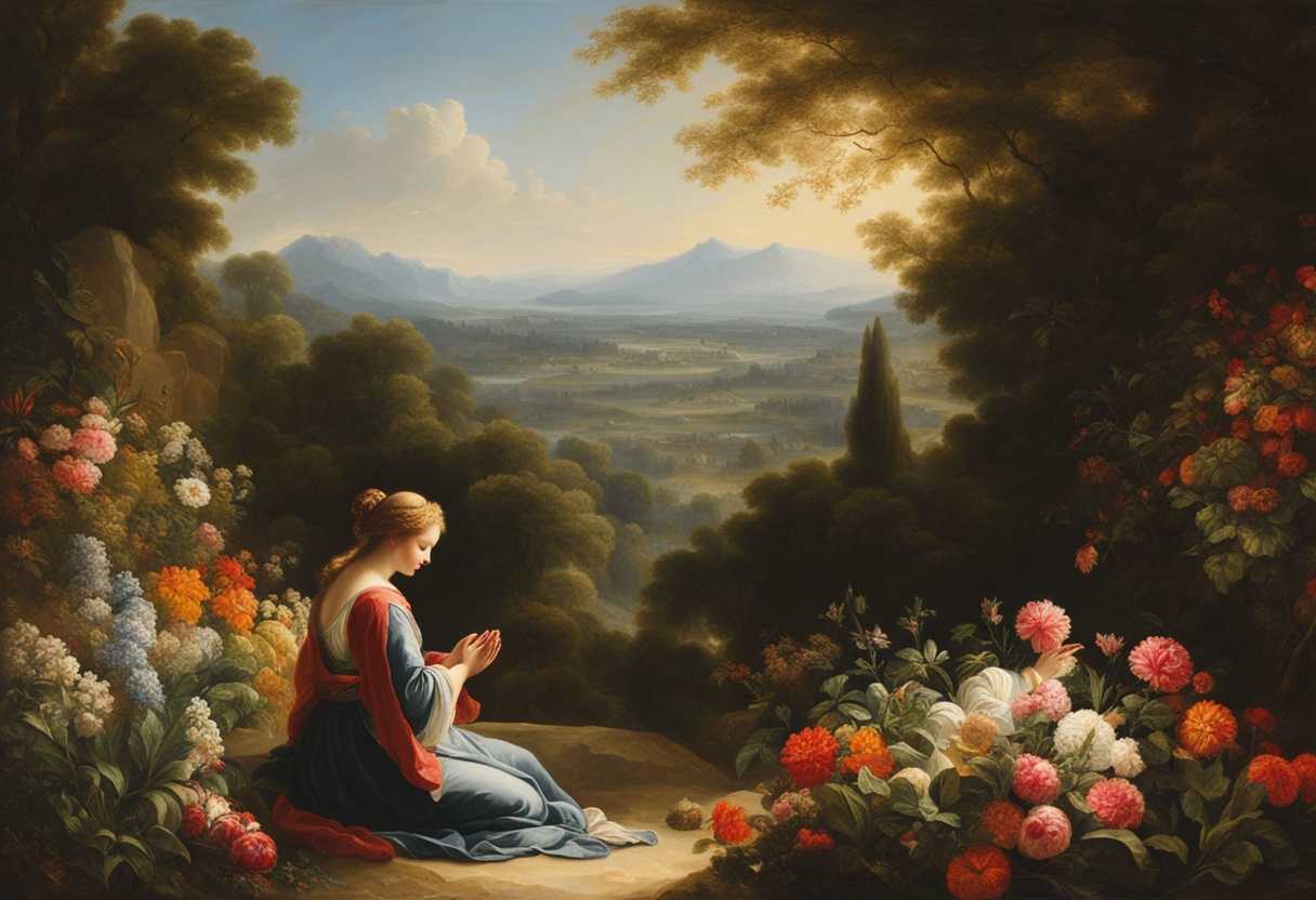 A-serene-figure-prays-under-sunlight-surrounded-by-vibrant-flowers-and-lush-greenery_fwmn