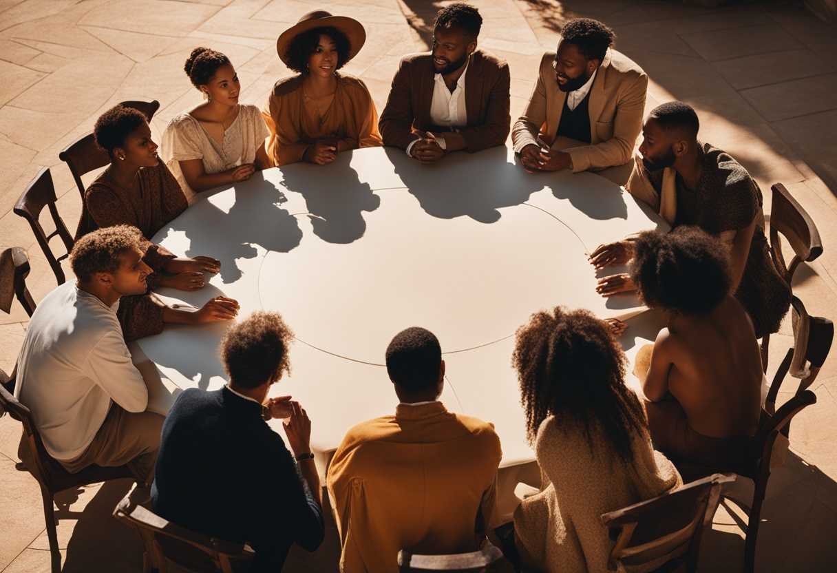 Diverse-individuals-in-a-sunlit-circle-sharing-ideas-and-fostering-connection-through-learning_tied