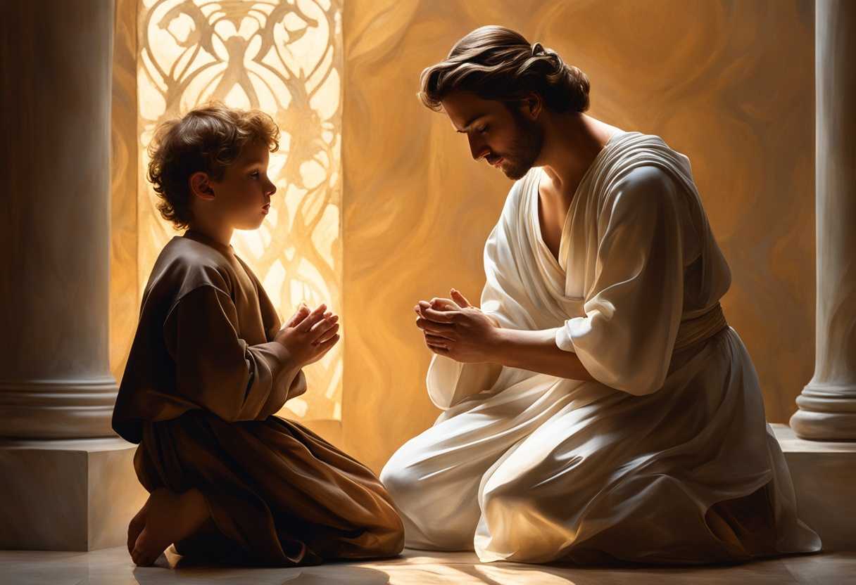 A-parent-and-son-kneel-in-morning-light-sharing-a-serene-prayer-embodying-divine-love_mbbg