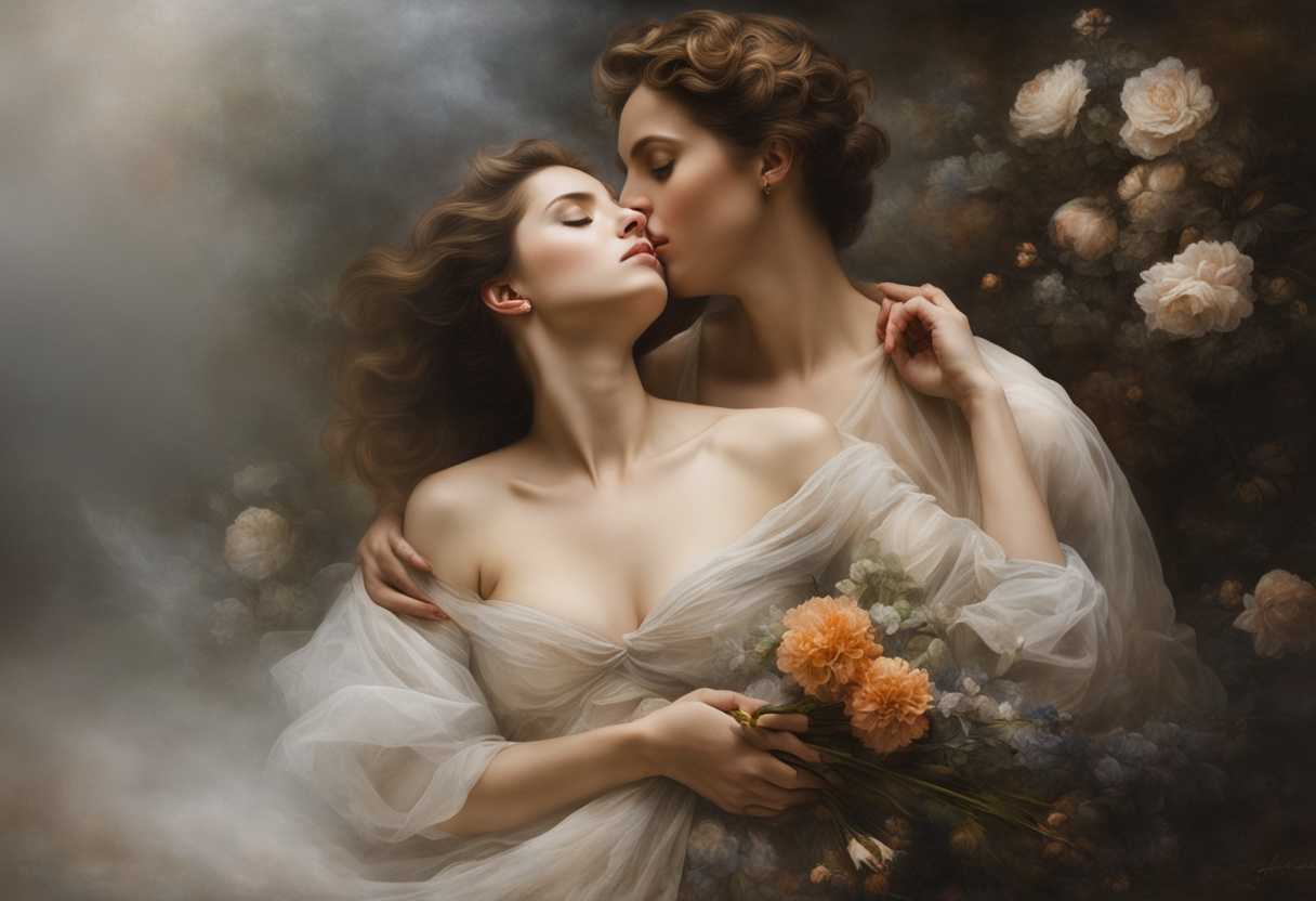 A-couple-embraces-in-mist-surrounded-by-fading-flowers-embodying-timeless-love-and-devotion_ugnl