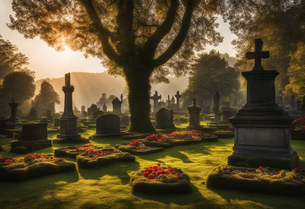 A-tranquil-graveyard-at-golden-hour-with-mossy-stones-and-vibrant-flowers-under-whispering-trees_nfvl